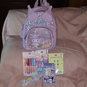 Kawaii Lavender Kuromi Backpack with Accessories
